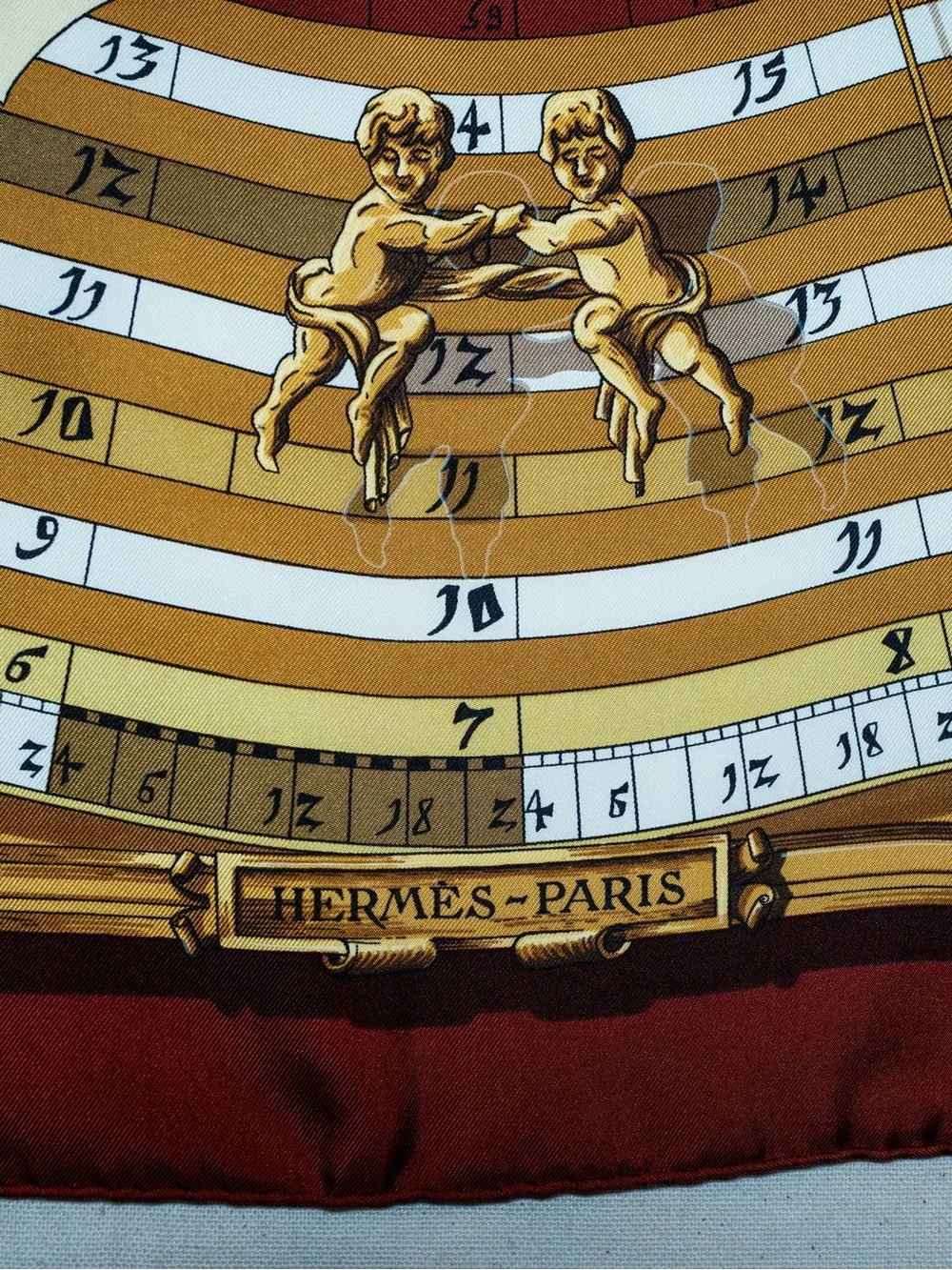 Hermès Dies et Hore Silk Scarf Burgundy and Gold 90cm